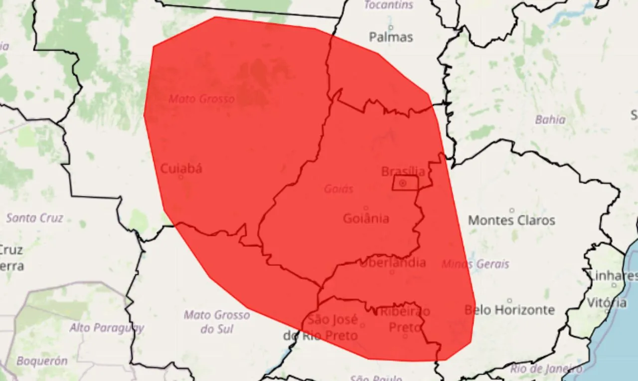 o mapa mostra as áreas em alerta vermelho para baixa umidade do ar e com risco de queimadas